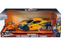 2020 Chevrolet Corvette C8 Stingray Gold Metallic Dark Blue Wolverine Diecast Figurine X-Men Marvel Series Hollywood Rides 1/24 Diecast Model Car Jada 33354
