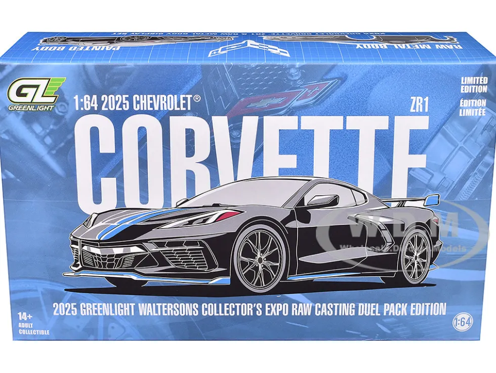2025 Chevrolet Corvette C8 ZR1 Black with Blue Stripes with Raw Casting Dual Pack "2025 Greenlight Waltersons Collector's Expo Exclusive" 1/64 Diecast Model Car by Greenlight