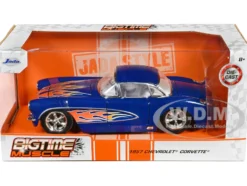 1957 Chevrolet Corvette Dark Blue with Flame Graphics and White Interior Bigtime Muscle Series 1/24 Diecast Model Car Jada 35031