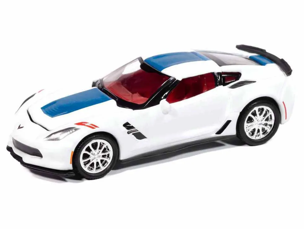 2018 Chevrolet Corvette Grand Sport Arctic White with Blue Stripe and Red Interior "Sports Cars" Series 1/64 Diecast Model Car by Auto World