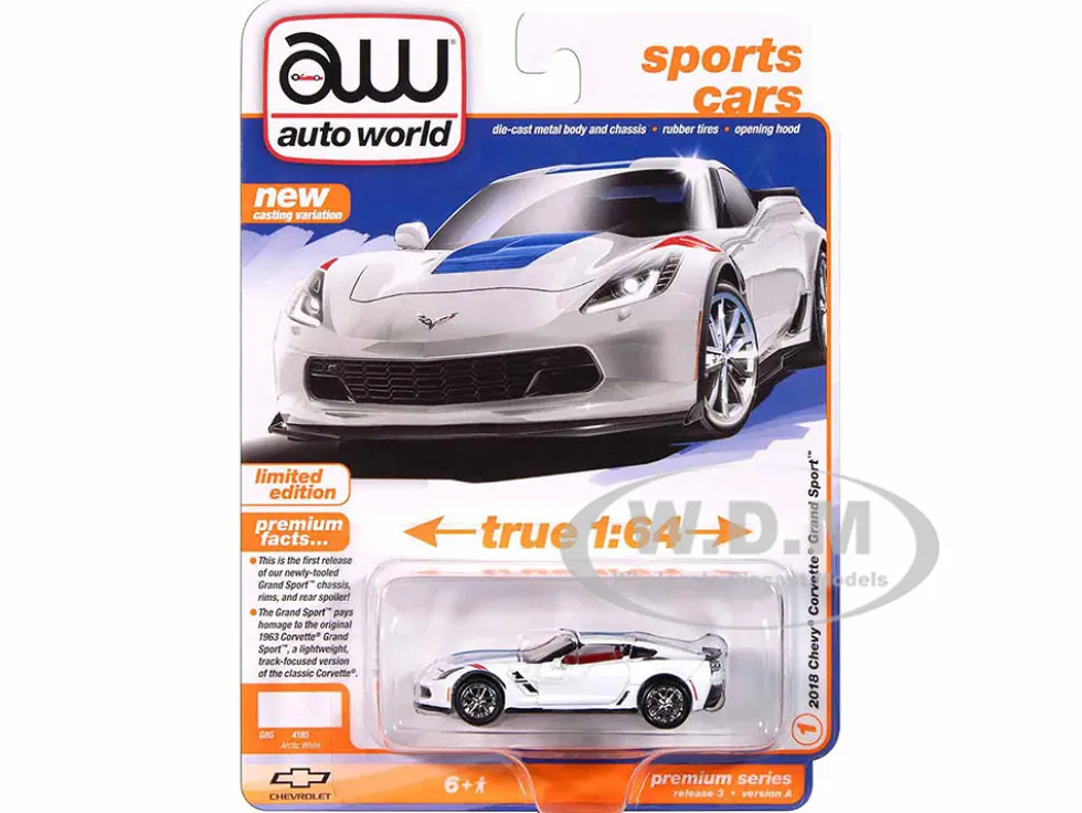 2018 Chevrolet Corvette Grand Sport Arctic White with Blue Stripe and Red Interior "Sports Cars" Series 1/64 Diecast Model Car by Auto World