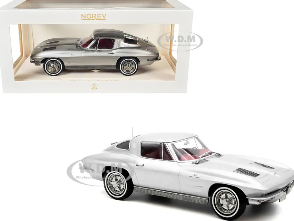 1963 Chevrolet Corvette Sting Ray Sebring Silver Metallic with Red Interior 1/18 Diecast Model Car by Norev