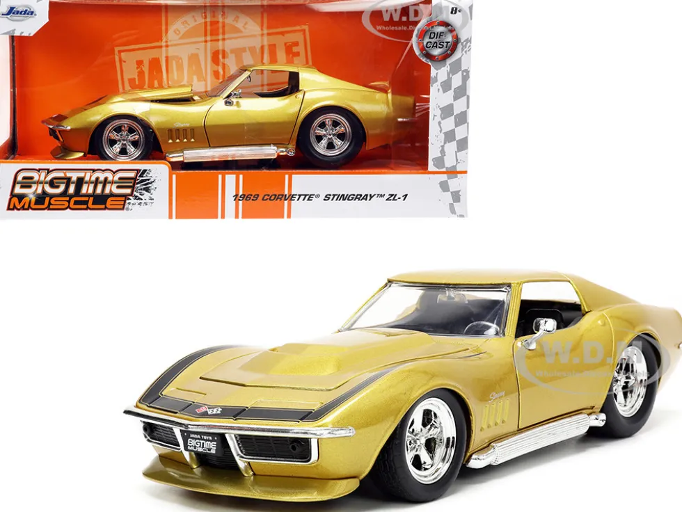 1969 Chevrolet Corvette Stingray ZL-1 Gold Metallic with Black Stripe Bigtime Muscle Series 1/24 Diecast Model Car Jada 33863