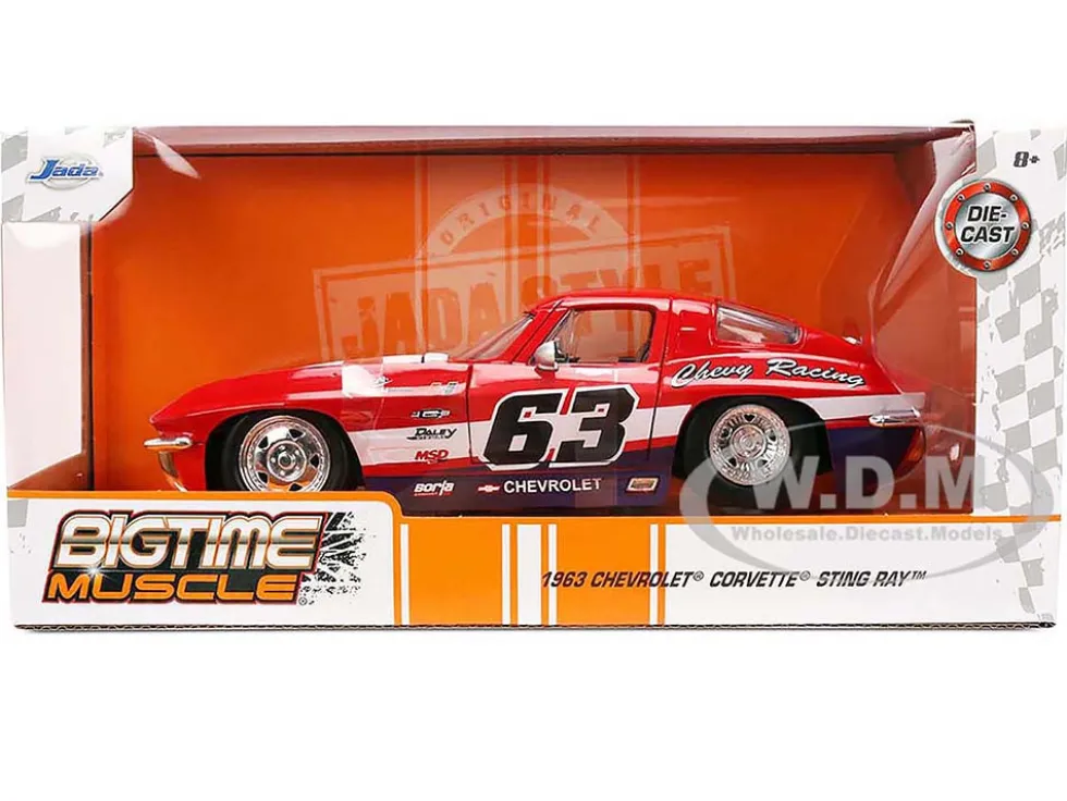 1963 Chevrolet Corvette Stingray #63 "Chevy Racing" Red with White and Blue Stripes "Bigtime Muscle" Series 1/24 Diecast Model Car by Jada