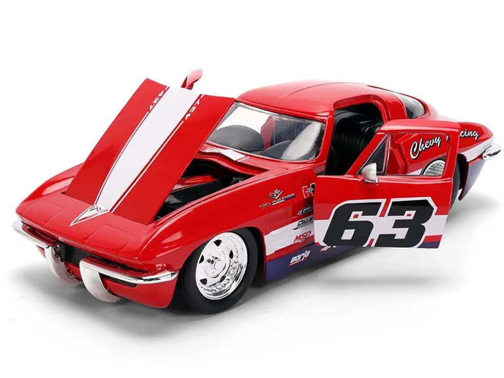 1963 Chevrolet Corvette Stingray #63 "Chevy Racing" Red with White and Blue Stripes "Bigtime Muscle" Series 1/24 Diecast Model Car by Jada