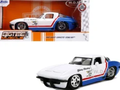 1963 Chevrolet Corvette Stingray White Blue Red Stripe Chevy Racing Bigtime Muscle 1/24 Diecast Model Car Jada 31666