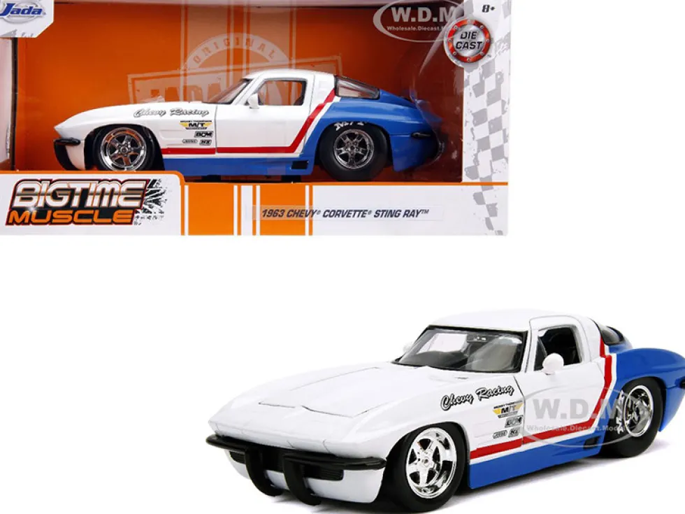 1963 Chevrolet Corvette Stingray White Blue Red Stripe Chevy Racing Bigtime Muscle 1/24 Diecast Model Car Jada 31666