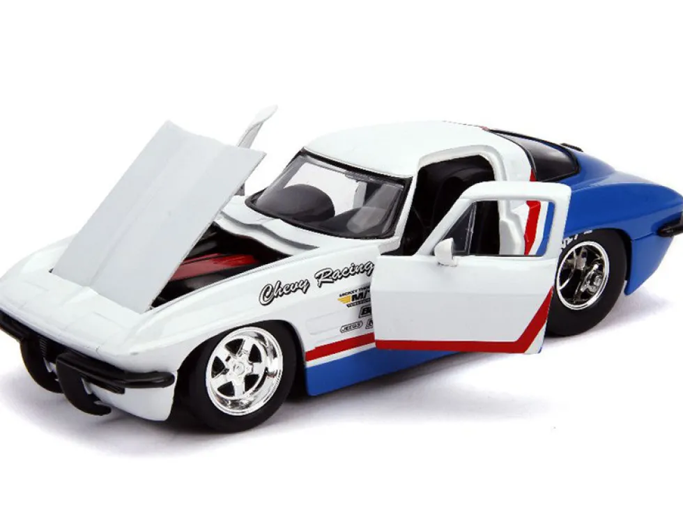 1963 Chevrolet Corvette Stingray White Blue Red Stripe Chevy Racing Bigtime Muscle 1/24 Diecast Model Car Jada 31666