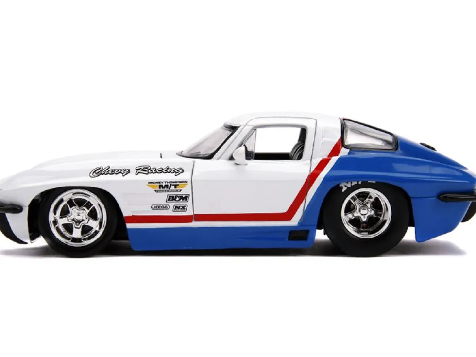 1963 Chevrolet Corvette Stingray White Blue Red Stripe Chevy Racing Bigtime Muscle 1/24 Diecast Model Car Jada 31666