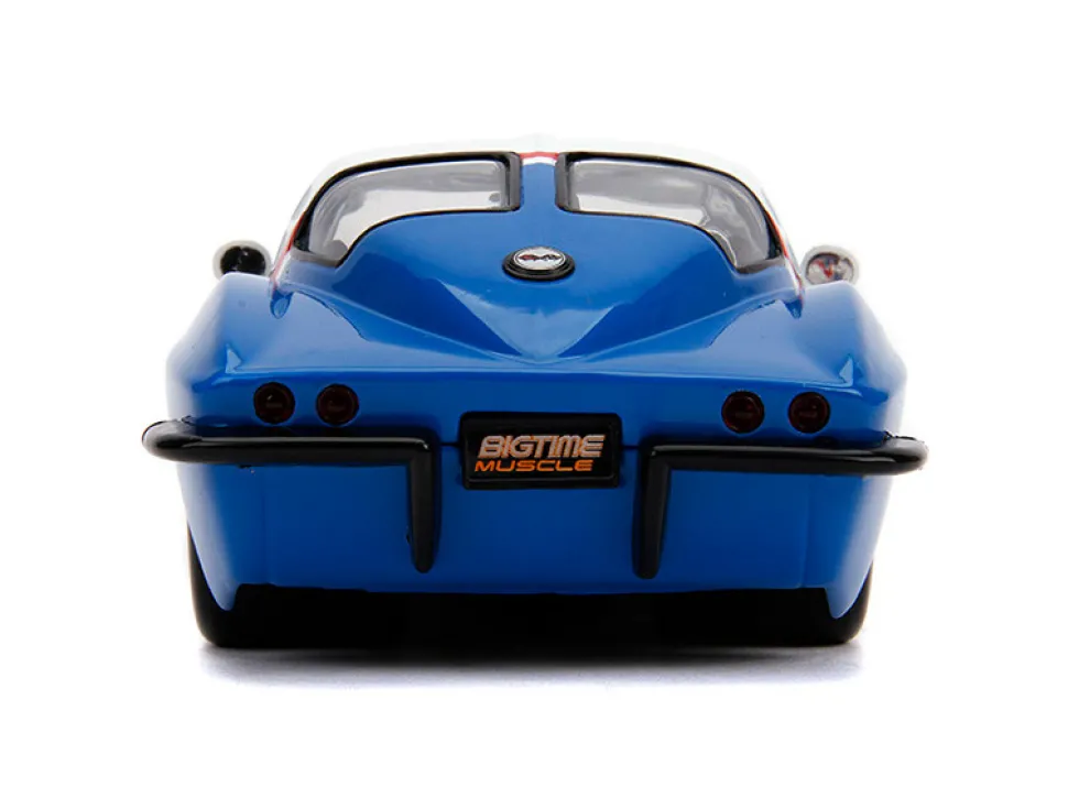 1963 Chevrolet Corvette Stingray White Blue Red Stripe Chevy Racing Bigtime Muscle 1/24 Diecast Model Car Jada 31666