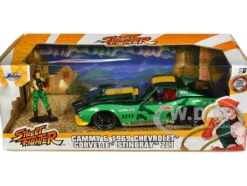1969 Chevrolet Corvette Stingray ZL1 Green Metallic with Yellow Stripes and Cammy Diecast Figure Street Fighter Video Game Anime Hollywood Rides Series 1/24 Diecast Model Car Jada 30837