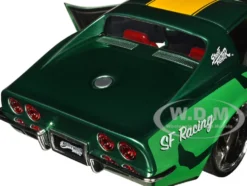 1969 Chevrolet Corvette Stingray ZL1 Green Metallic with Yellow Stripes and Cammy Diecast Figure Street Fighter Video Game Anime Hollywood Rides Series 1/24 Diecast Model Car Jada 30837