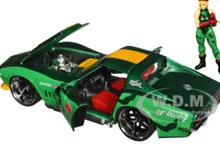 1969 Chevrolet Corvette Stingray ZL1 Green Metallic with Yellow Stripes and Cammy Diecast Figure Street Fighter Video Game Anime Hollywood Rides Series 1/24 Diecast Model Car Jada 30837