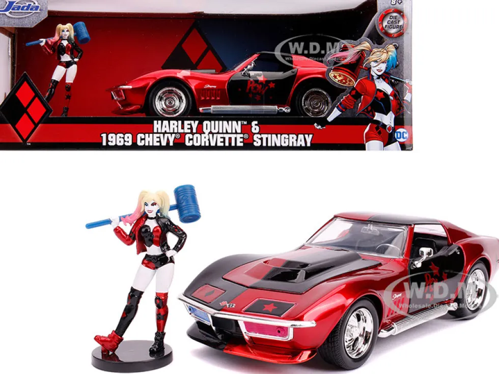 1969 Chevrolet Corvette Stingray Harley Quinn Diecast Figure DC Comics Series 1/24 Diecast Model Car Jada 31196