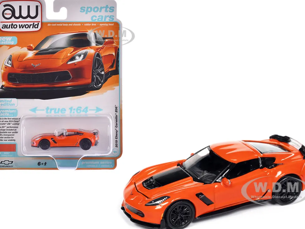 2019 Chevrolet Corvette Z06 Sebring Orange with Black Hood "Sports Cars" Series 1/64 Diecast Model Car by Auto World