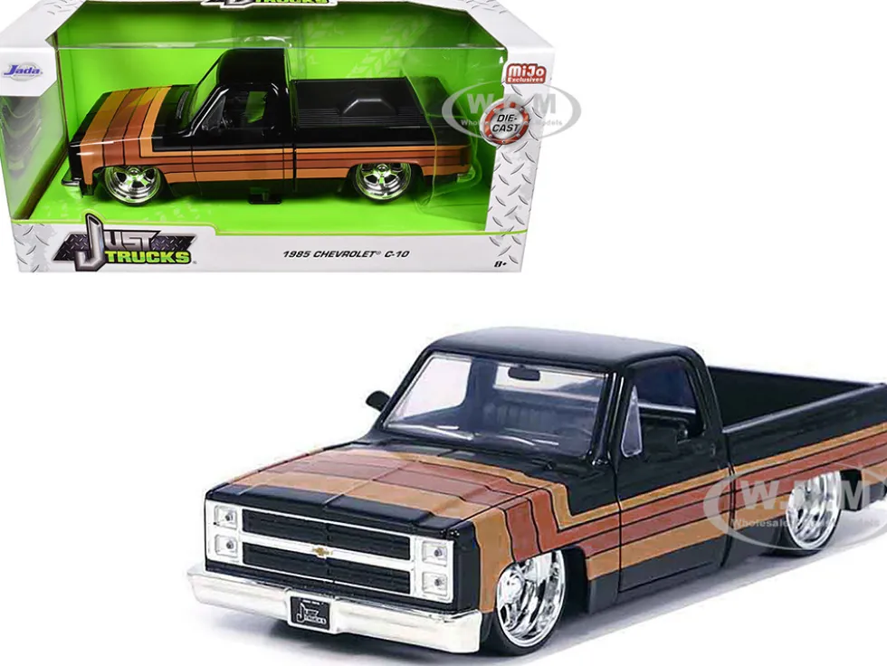 1985 Chevrolet C-10 Pickup Truck Black with Stripes and Paradox Wheels "Just Trucks" Series 1/24 Diecast Model Car by Jada
