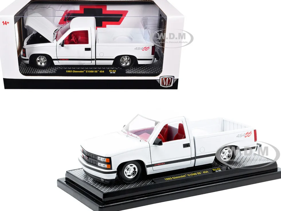 1993 Chevrolet C1500 SS 454 Pickup Truck White with Red Interior Limited Edition to 9600 pieces Worldwide 1/24 Diecast Model Car by M2 Machines