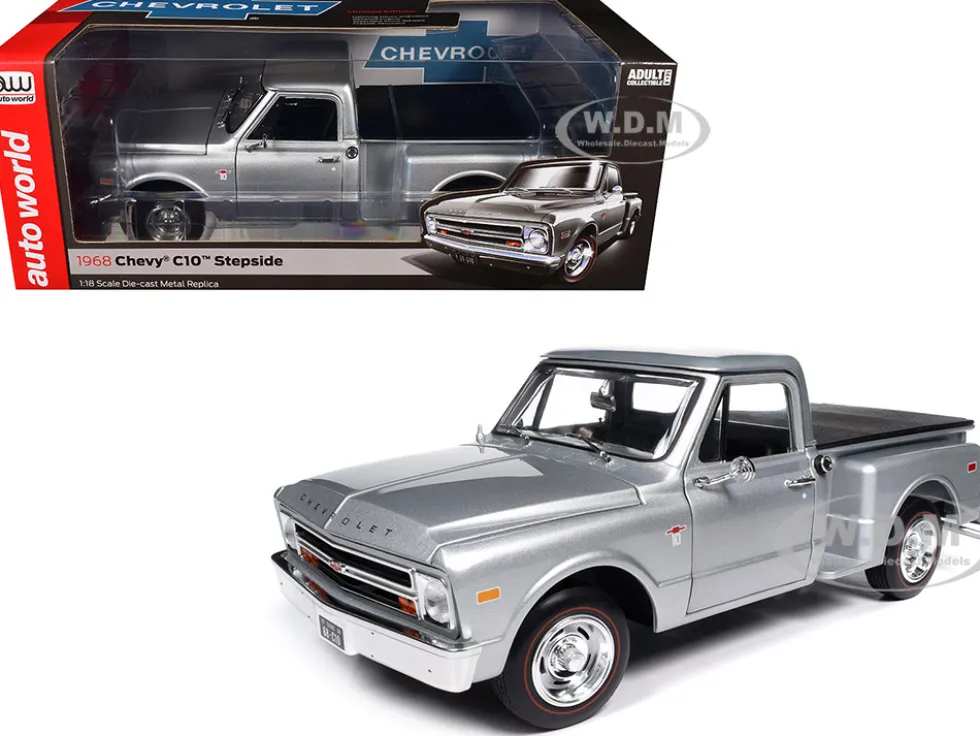 1968 Chevrolet C10 Stepside Pickup Truck Silver Metallic 1/18 Diecast Model Car by Auto World