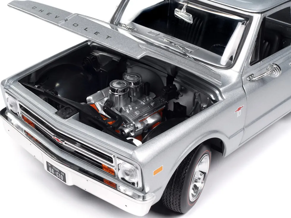 1968 Chevrolet C10 Stepside Pickup Truck Silver Metallic 1/18 Diecast Model Car by Auto World