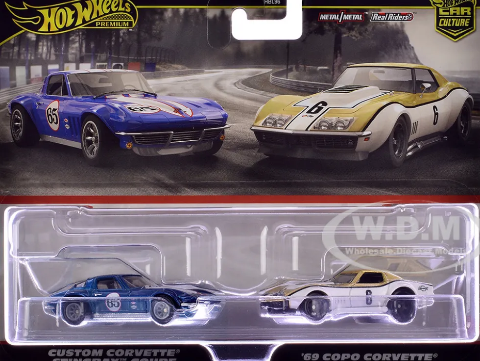 Chevrolet Custom Corvette Stingray Coupe #65 Blue Metallic with White Stripes and 1969 Chevrolet COPO Corvette #6 Gold Metallic and White "Car Culture" Set of 2 Cars Diecast Model Cars by Hot Wheels