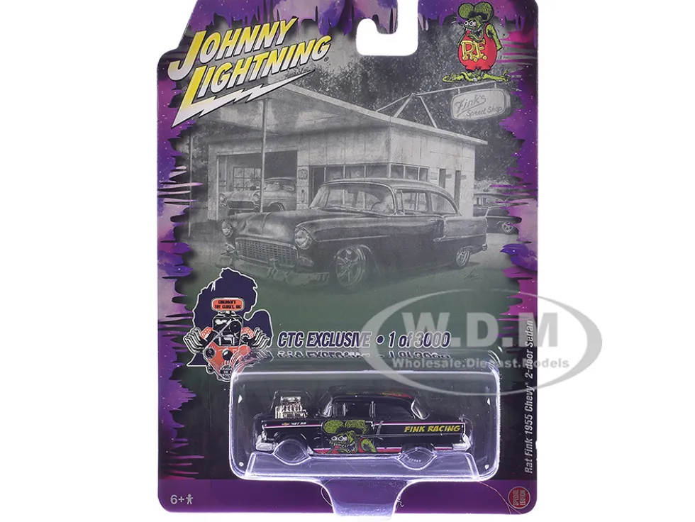 1955 Chevrolet 2-Door Sedan "Rat Fink Racing" Black with Graphics "CTC Exclusive" Series Limited Edition to 3000 pieces Worldwide 1/64 Diecast Model Car by Johnny Lightning