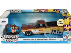 1967 Chevrolet El Camino Brown and Beige with Graphics and Tasmanian Devil Taz Diecast Figure Looney Tunes Hollywood Rides Series 1/24 Diecast Model Car Jada JA35130