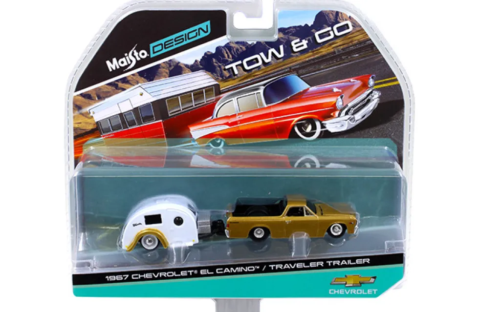 1967 Chevrolet El Camino with Traveler Trailer Gold Tow & Go 1/64 Diecast Model Maisto 15368-D