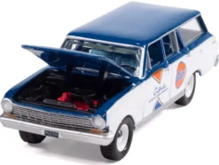 1963 Chevrolet II Nova 400 Wagon "Gulf" Blue and White with Blue Interior "Big Country Collectibles" 2025 Series 1/64 Diecast Model Car by Auto World