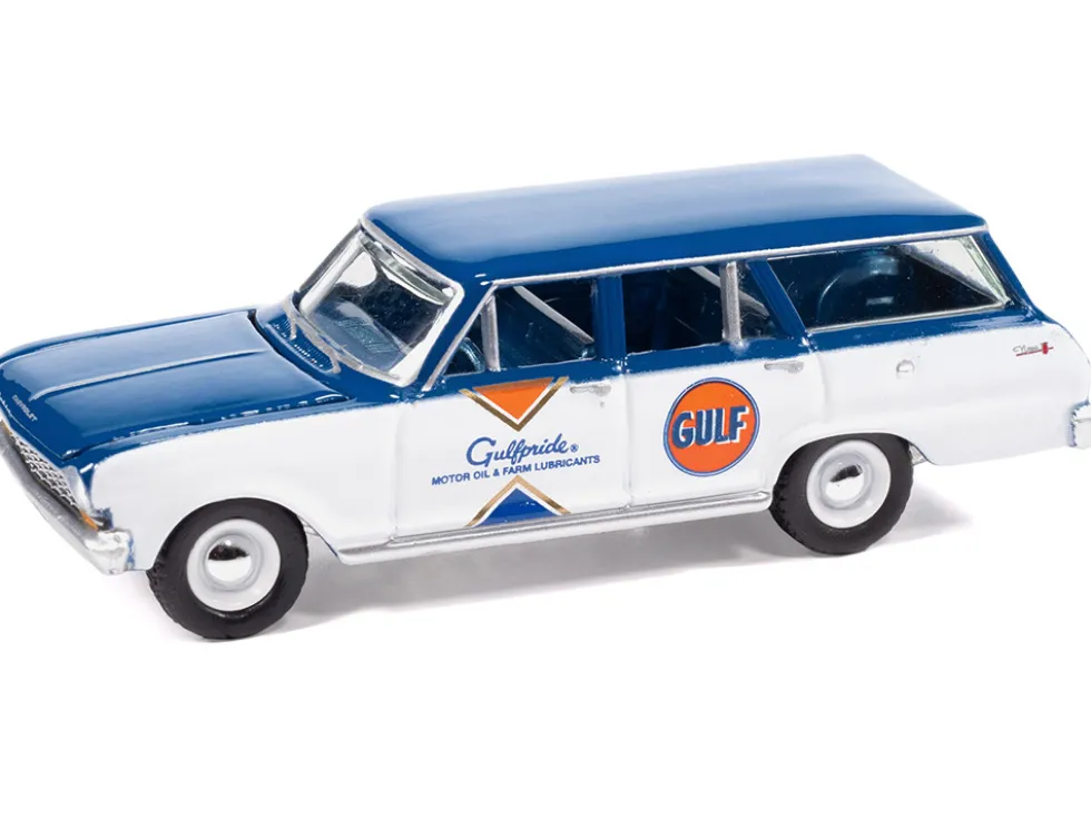 1963 Chevrolet II Nova 400 Wagon "Gulf" Blue and White with Blue Interior "Big Country Collectibles" 2025 Series 1/64 Diecast Model Car by Auto World
