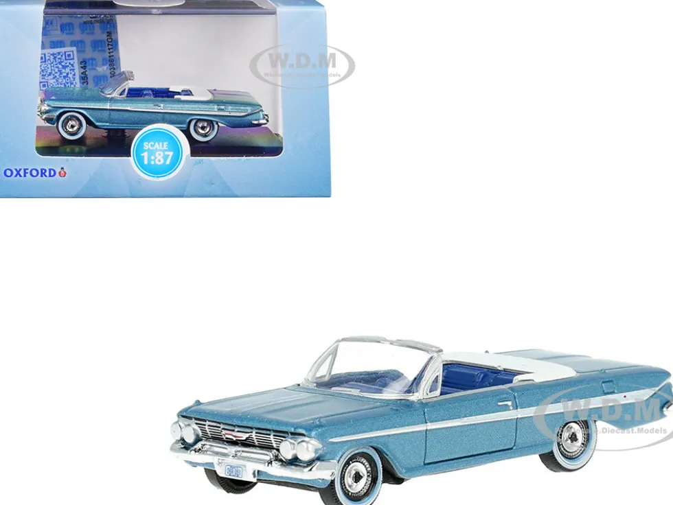 1961 Chevrolet Impala Convertible Jewel Blue Metallic and White with Blue Interior 1/87 HO Scale Diecast Model Car Oxford Diecast 87CI61006