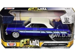 1964 Chevrolet Impala Lowrider Hard Top Candy Blue Metallic Cream Top Get Low Series 1/24 Diecast Model Car Motormax 79021