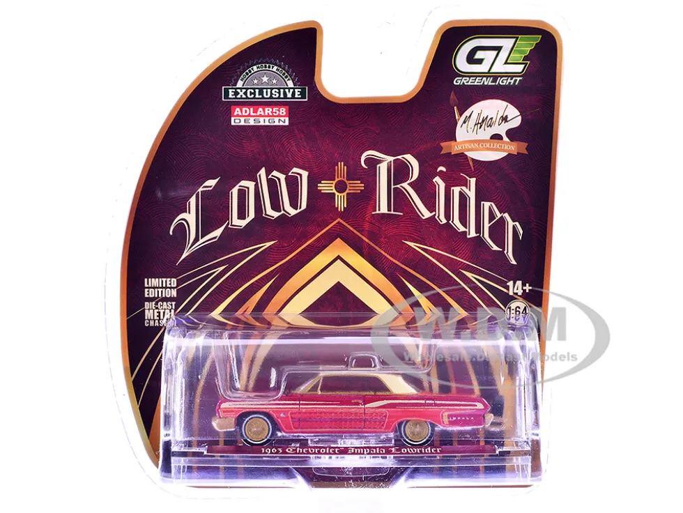 1963 Chevrolet Impala Lowrider "Michael Heralda Special Edition" Red Metallic with Cream Top and Interior with Gold Graphics "Hobby Exclusive" Series 1/64 Diecast Model Car by Greenlight