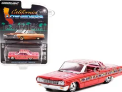 1964 Chevrolet Impala Lowrider Pink Metallic Rose Graphics Pink Interior California Lowriders Release 1 1/64 Diecast Model Car Greenlight 63010 A