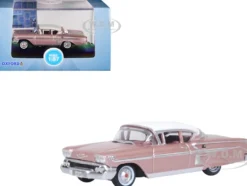 1958 Chevrolet Impala Sport Cay Coral Pink Metallic with White Top 1/87 HO Scale Diecast Model Car Oxford Diecast 87CIS58001