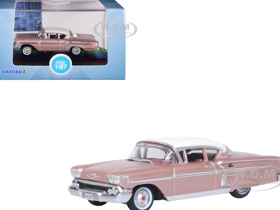 1958 Chevrolet Impala Sport Cay Coral Pink Metallic with White Top 1/87 HO Scale Diecast Model Car Oxford Diecast 87CIS58001