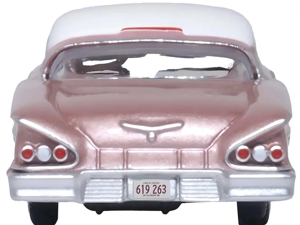 1958 Chevrolet Impala Sport Cay Coral Pink Metallic with White Top 1/87 HO Scale Diecast Model Car Oxford Diecast 87CIS58001