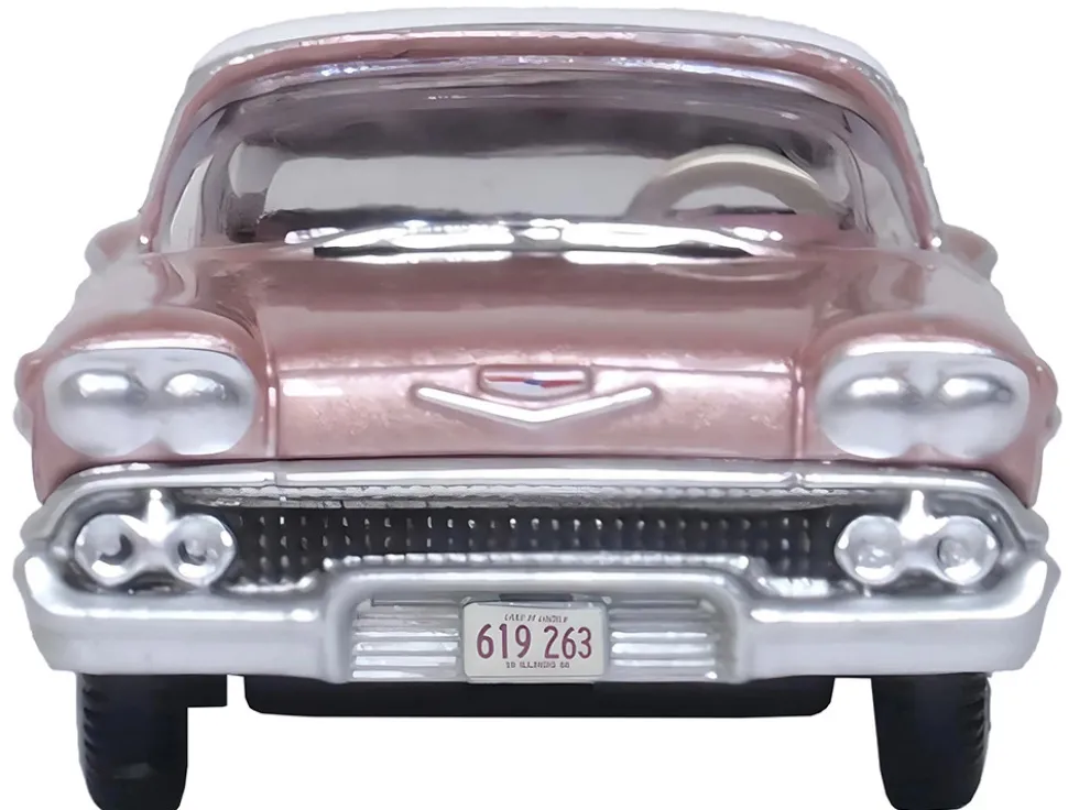 1958 Chevrolet Impala Sport Cay Coral Pink Metallic with White Top 1/87 HO Scale Diecast Model Car Oxford Diecast 87CIS58001