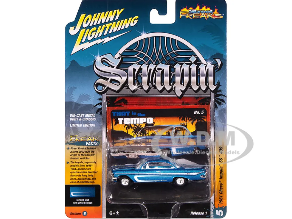 1961 Chevrolet Impala SS 409 Blue Metallic with White Stripes and Interior "Scrapin'" Series 1/64 Diecast Model Car by Johnny Lightning