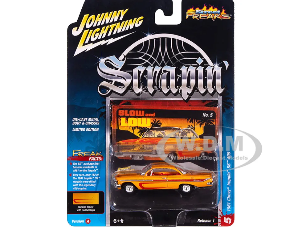 1961 Chevrolet Impala SS 409 Yellow Metallic with Red Stripes and Interior "Scrapin" Series 1/64 Diecast Model Car by Johnny Lightning