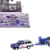 1986 Chevrolet K5 Blazer Blue and White and 1969 Chevrolet Camaro #5 Blue and White "Kyle Larson - Hendrick Motorsports" with Tandem Car Trailer "Racing Hitch & Tow" Series 6 1/64 Diecast Model Cars by Greenlight