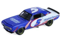1986 Chevrolet K5 Blazer Blue and White and 1969 Chevrolet Camaro #5 Blue and White "Kyle Larson - Hendrick Motorsports" with Tandem Car Trailer "Racing Hitch & Tow" Series 6 1/64 Diecast Model Cars by Greenlight