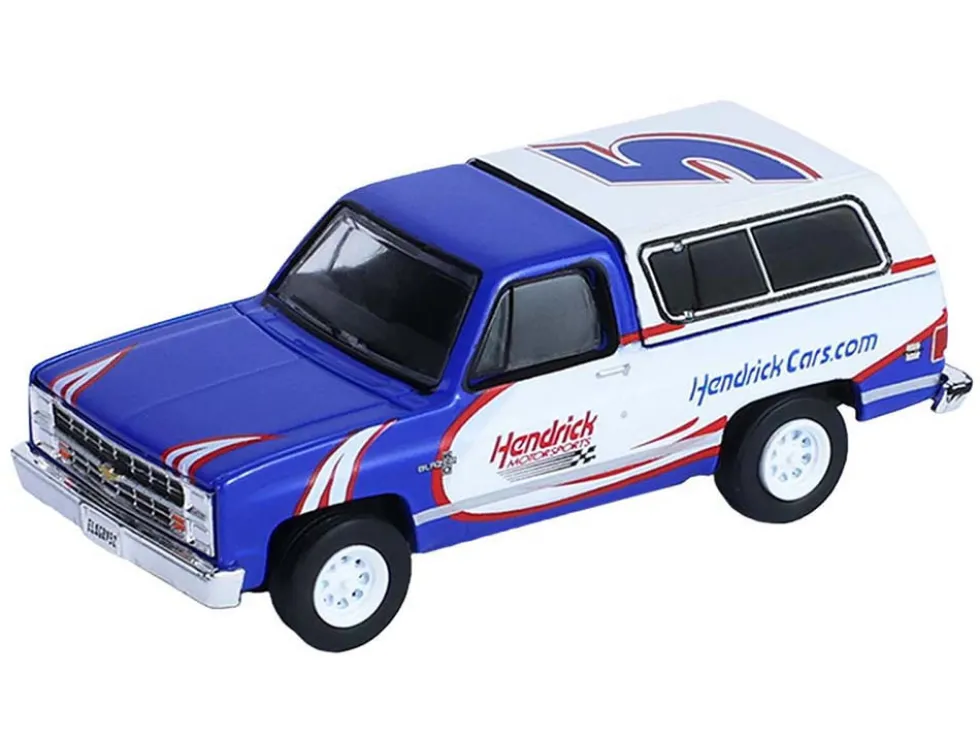 1986 Chevrolet K5 Blazer Blue and White and 1969 Chevrolet Camaro #5 Blue and White "Kyle Larson - Hendrick Motorsports" with Tandem Car Trailer "Racing Hitch & Tow" Series 6 1/64 Diecast Model Cars by Greenlight