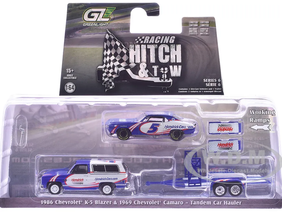 1986 Chevrolet K5 Blazer Blue and White and 1969 Chevrolet Camaro #5 Blue and White "Kyle Larson - Hendrick Motorsports" with Tandem Car Trailer "Racing Hitch & Tow" Series 6 1/64 Diecast Model Cars by Greenlight