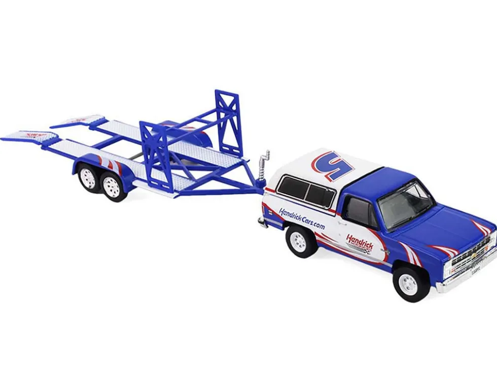 1986 Chevrolet K5 Blazer Blue and White and 1969 Chevrolet Camaro #5 Blue and White "Kyle Larson - Hendrick Motorsports" with Tandem Car Trailer "Racing Hitch & Tow" Series 6 1/64 Diecast Model Cars by Greenlight