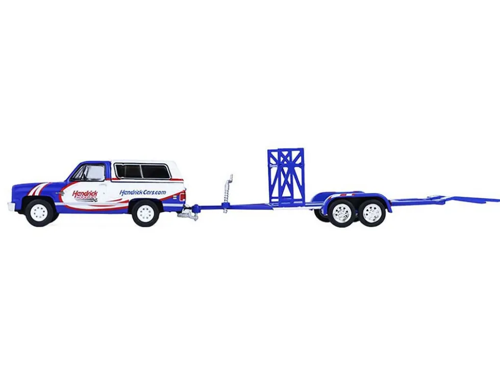 1986 Chevrolet K5 Blazer Blue and White and 1969 Chevrolet Camaro #5 Blue and White "Kyle Larson - Hendrick Motorsports" with Tandem Car Trailer "Racing Hitch & Tow" Series 6 1/64 Diecast Model Cars by Greenlight