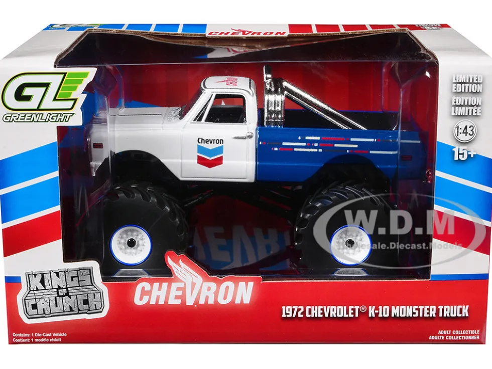 1972 Chevrolet K-10 Monster Truck "Chevron 150th Anniversary" White and Blue Metallic "Kings of Crunch" Series 1/43 Diecast Model Car by Greenlight