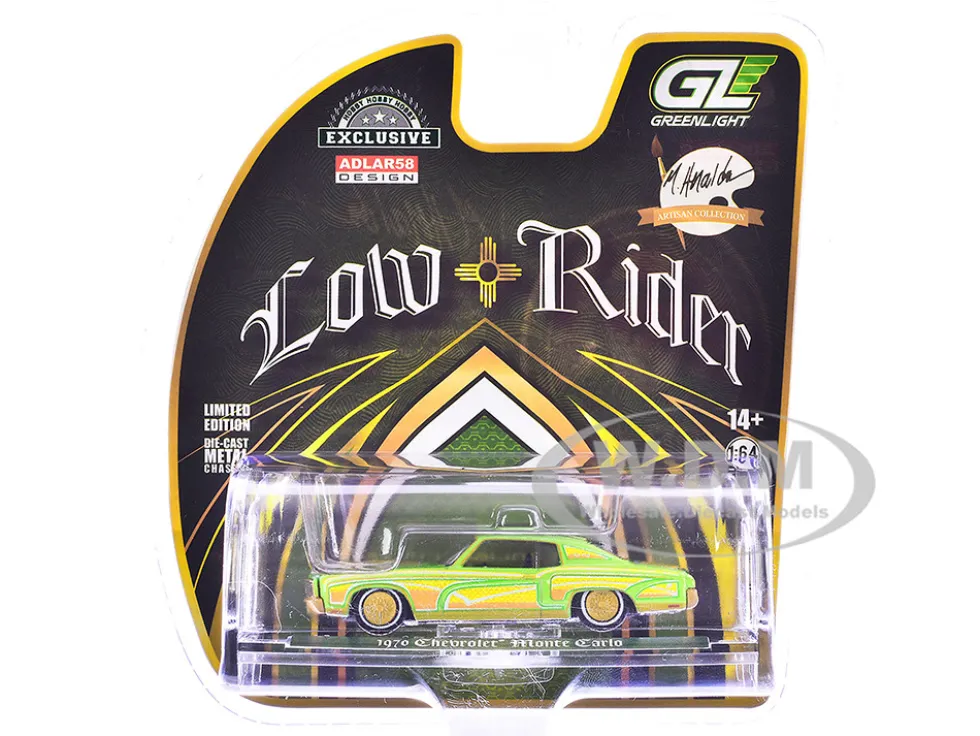 1970 Chevrolet Monte Carlo Lowrider "Michael Heralda Special Edition" Lime Green with Graphics "Hobby Exclusive" Series 1/64 Diecast Model Car by Greenlight