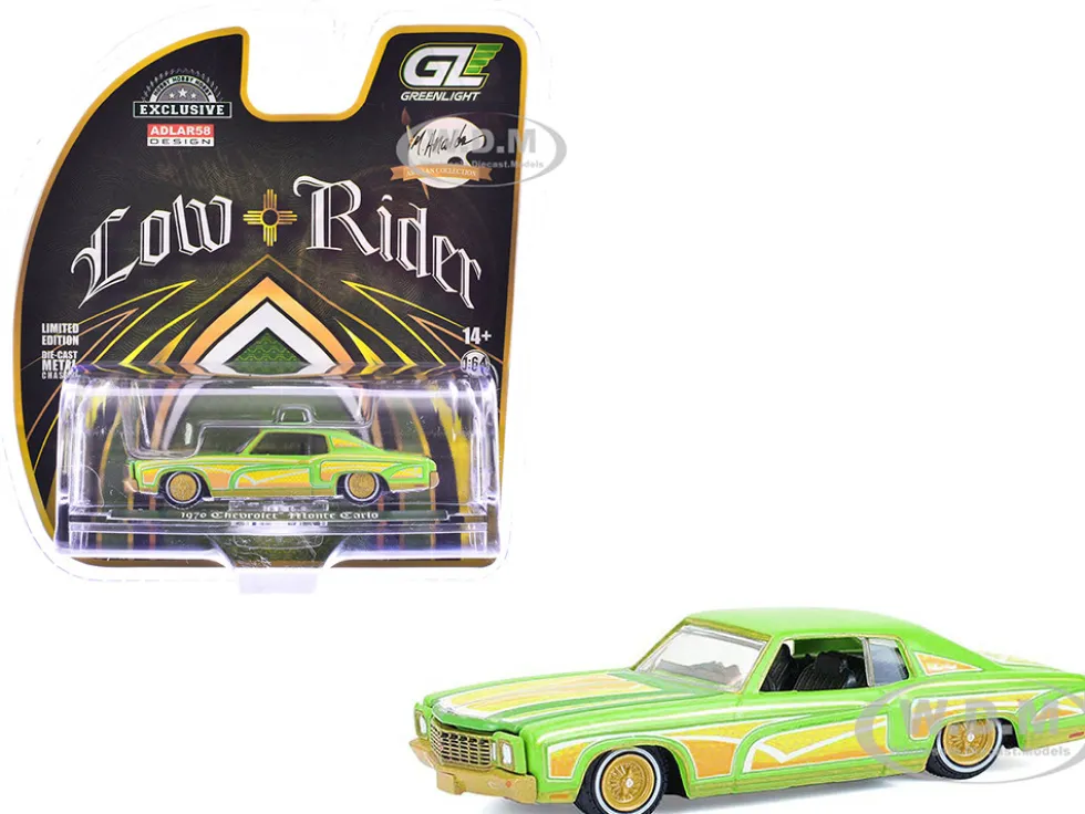 1970 Chevrolet Monte Carlo Lowrider "Michael Heralda Special Edition" Lime Green with Graphics "Hobby Exclusive" Series 1/64 Diecast Model Car by Greenlight
