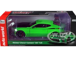 2017 Chevrolet Nickey Camaro SS 1LE Krypton Green with Matt Black Hood Black Stripes 1/18 Diecast Model Car Auto World AMM1276