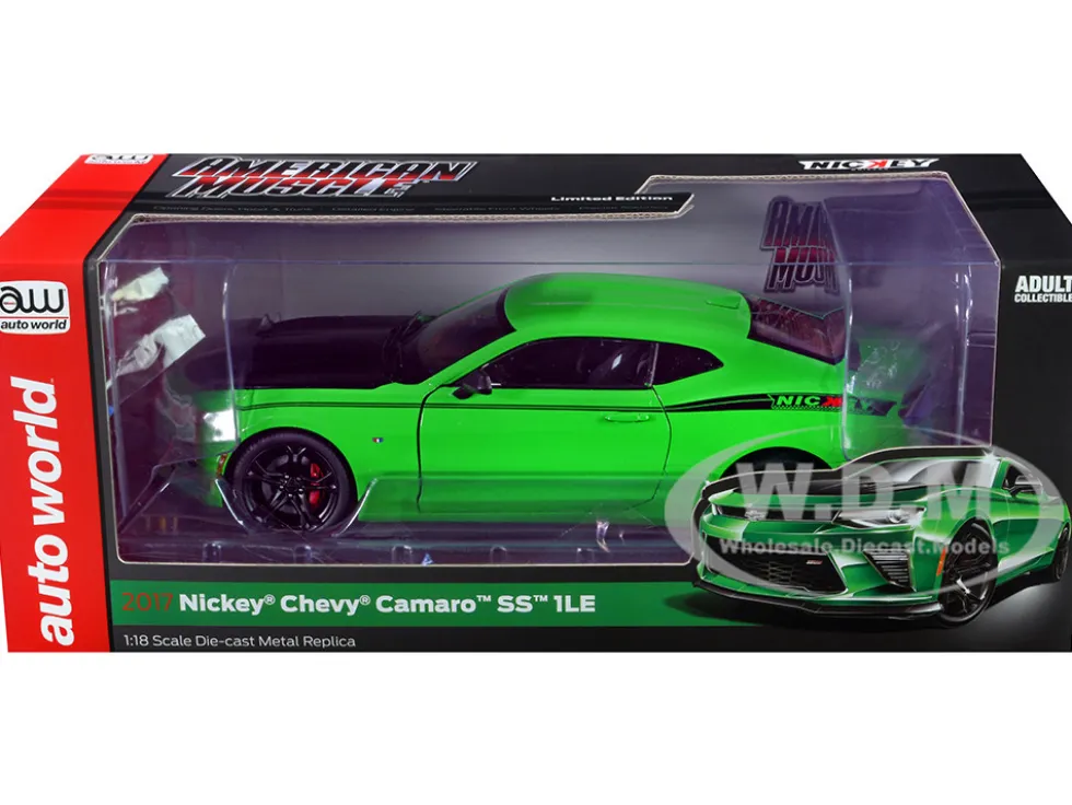 2017 Chevrolet Nickey Camaro SS 1LE Krypton Green with Matt Black Hood Black Stripes 1/18 Diecast Model Car Auto World AMM1276